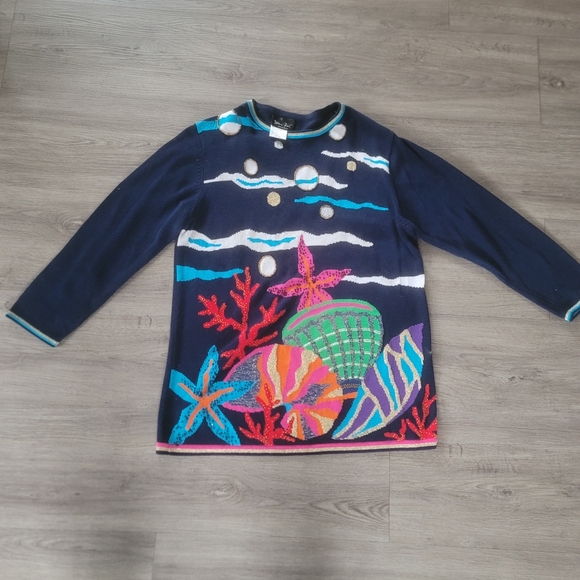 Vintage Diane Freis Navy Blue Sea Life Oversized Sweater Sz M